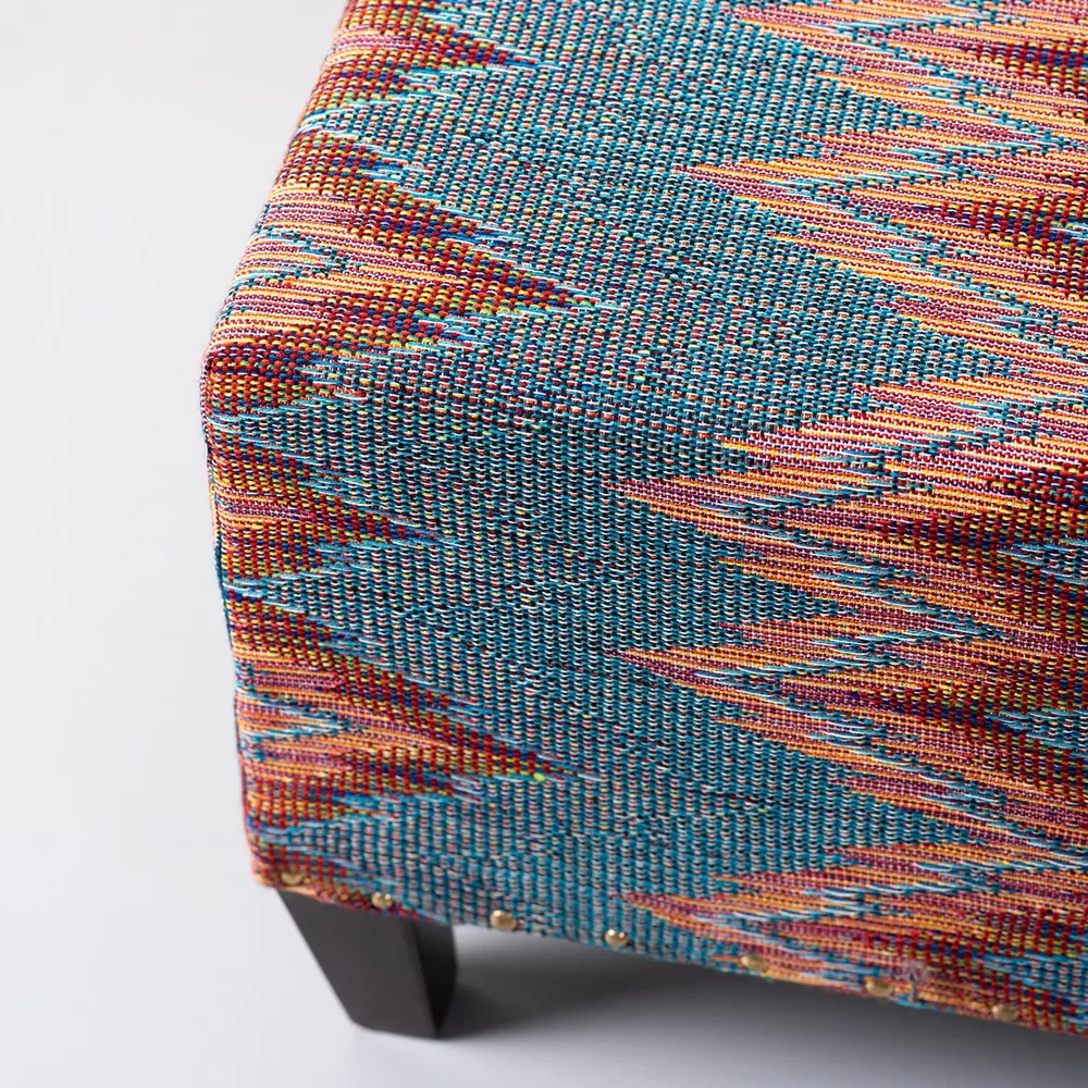 Abstract Multicolored Woven Jacquard Cotton Upholstered Ottoman Wood Stool