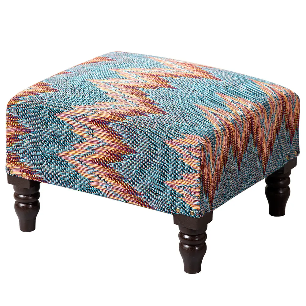 Abstract Multicolored Woven Jacquard Cotton Upholstered Wood Stool
