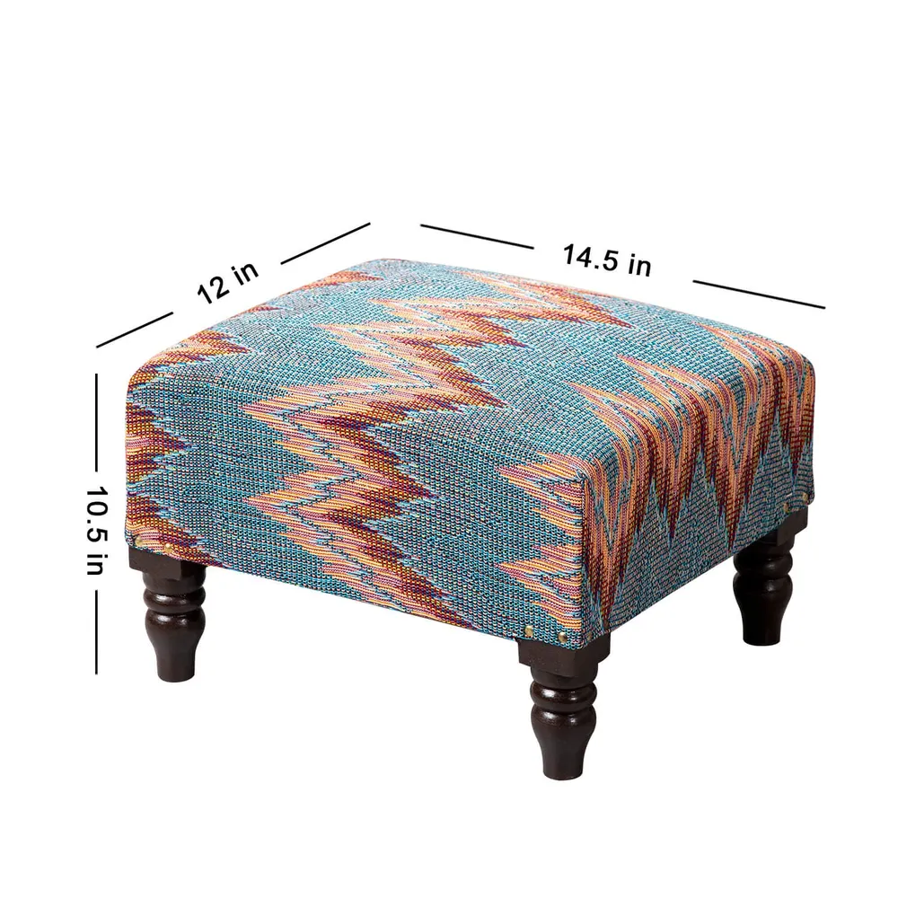 Abstract Multicolored Woven Jacquard Cotton Upholstered Wood Stool