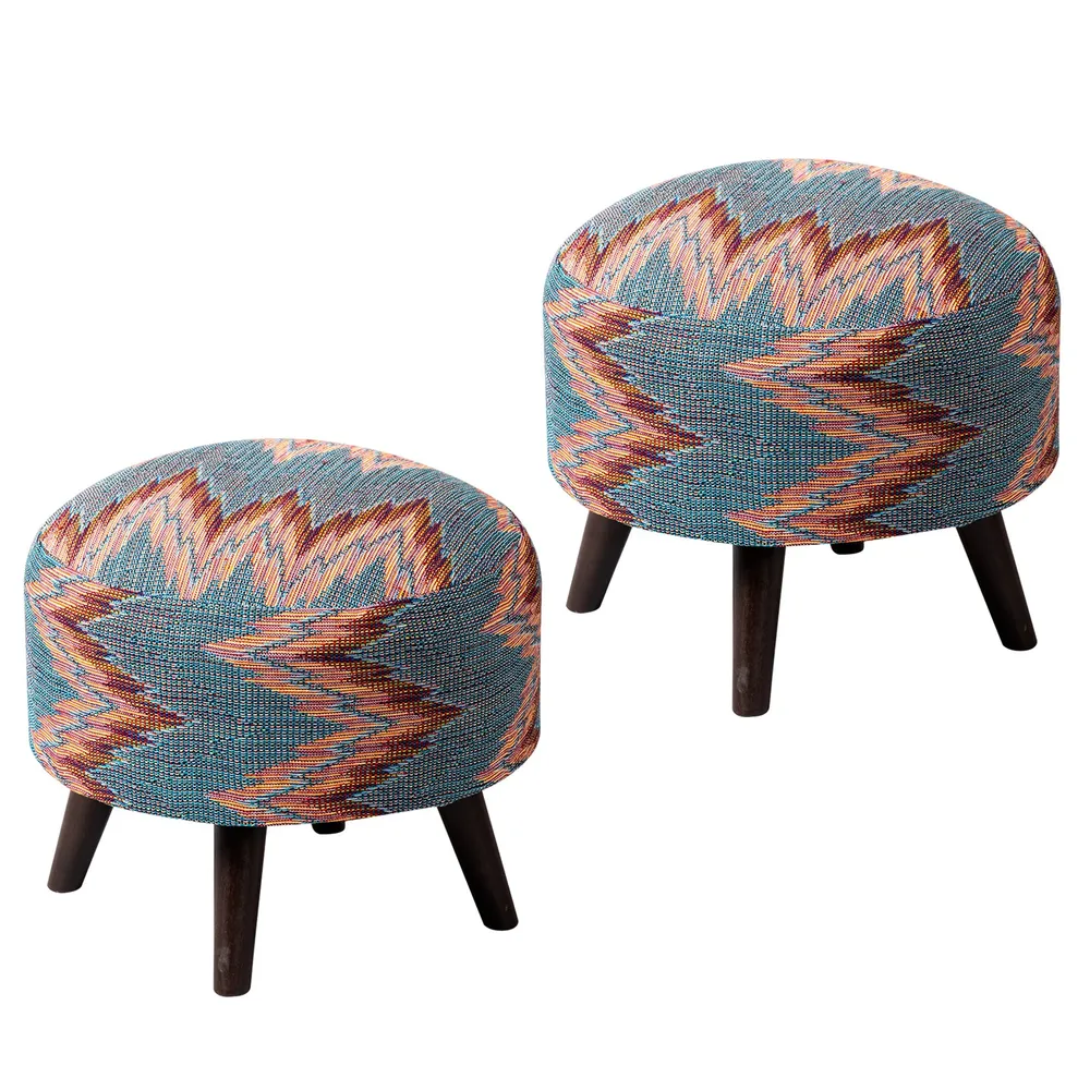 Abstract Printed Multicolored Woven Jacquard Cotton Ottoman Wood Stool Set Of 2