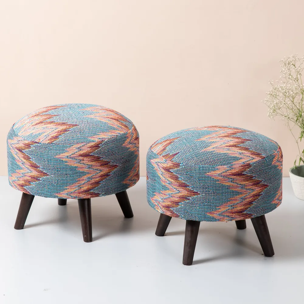 Abstract Printed Multicolored Woven Jacquard Cotton Ottoman Wood Stool Set Of 2