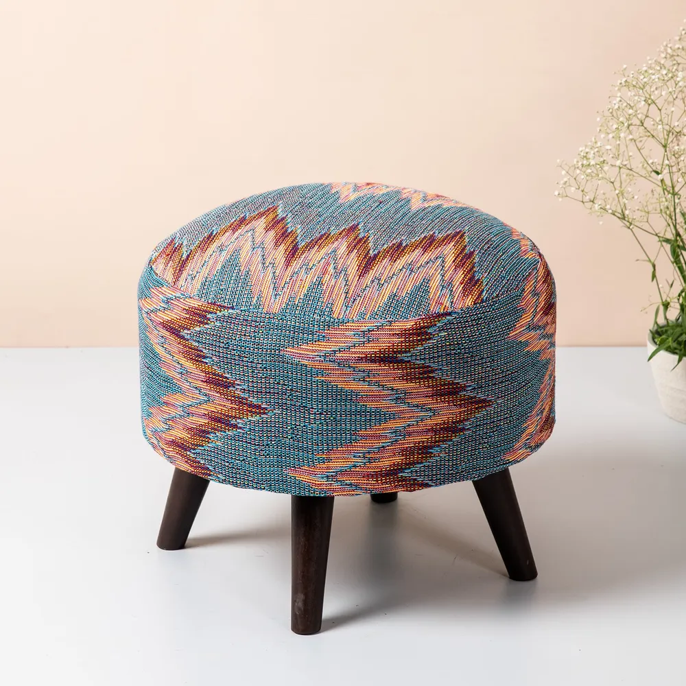 Abstract Printed Multicolored Woven Jacquard Cotton Ottoman Wood Stool Set Of 2