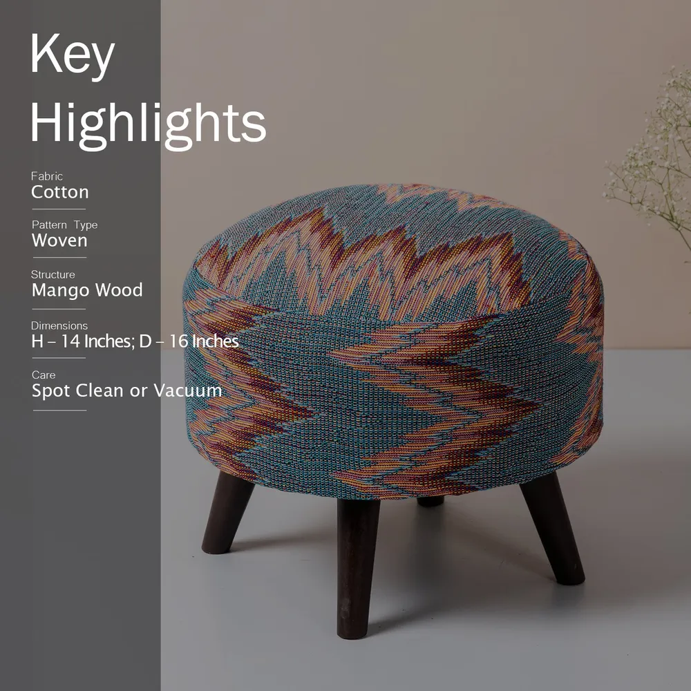 Abstract Printed Multicolored Woven Jacquard Cotton Upholstered Ottoman Wood Stool