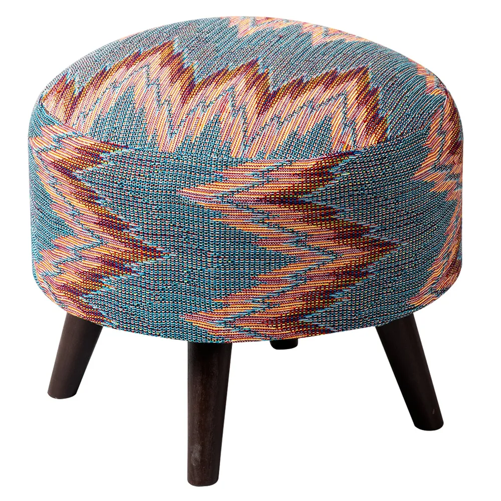 Abstract Printed Multicolored Woven Jacquard Cotton Upholstered Ottoman Wood Stool