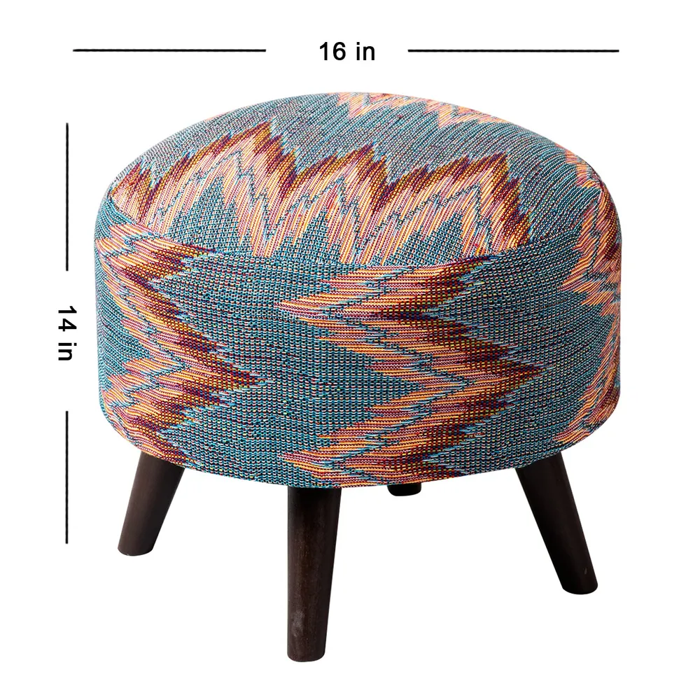 Abstract Printed Multicolored Woven Jacquard Cotton Upholstered Ottoman Wood Stool