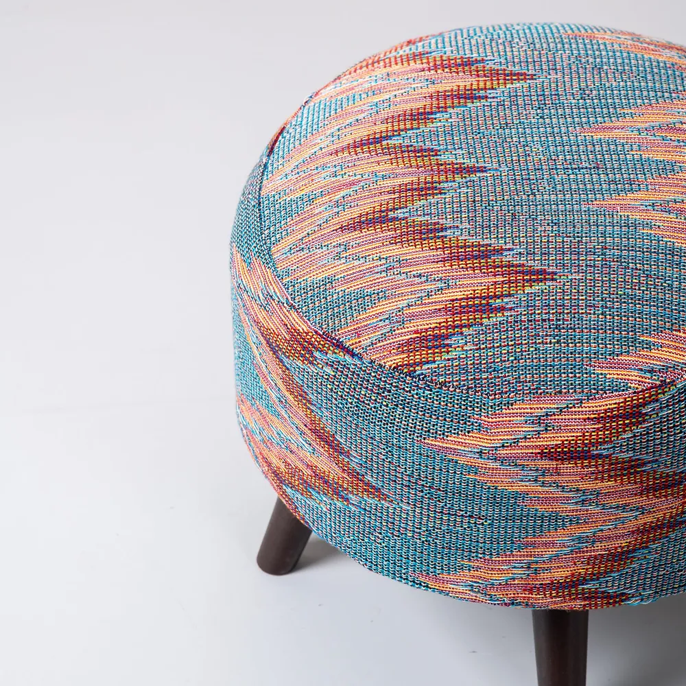 Abstract Printed Multicolored Woven Jacquard Cotton Upholstered Ottoman Wood Stool