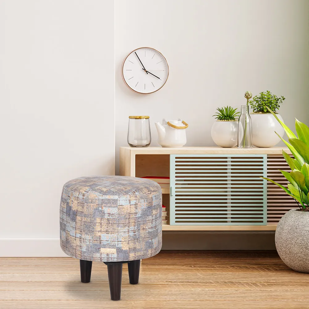 Abstract Printed Round Ottoman / Pouffe With Wooden Legs