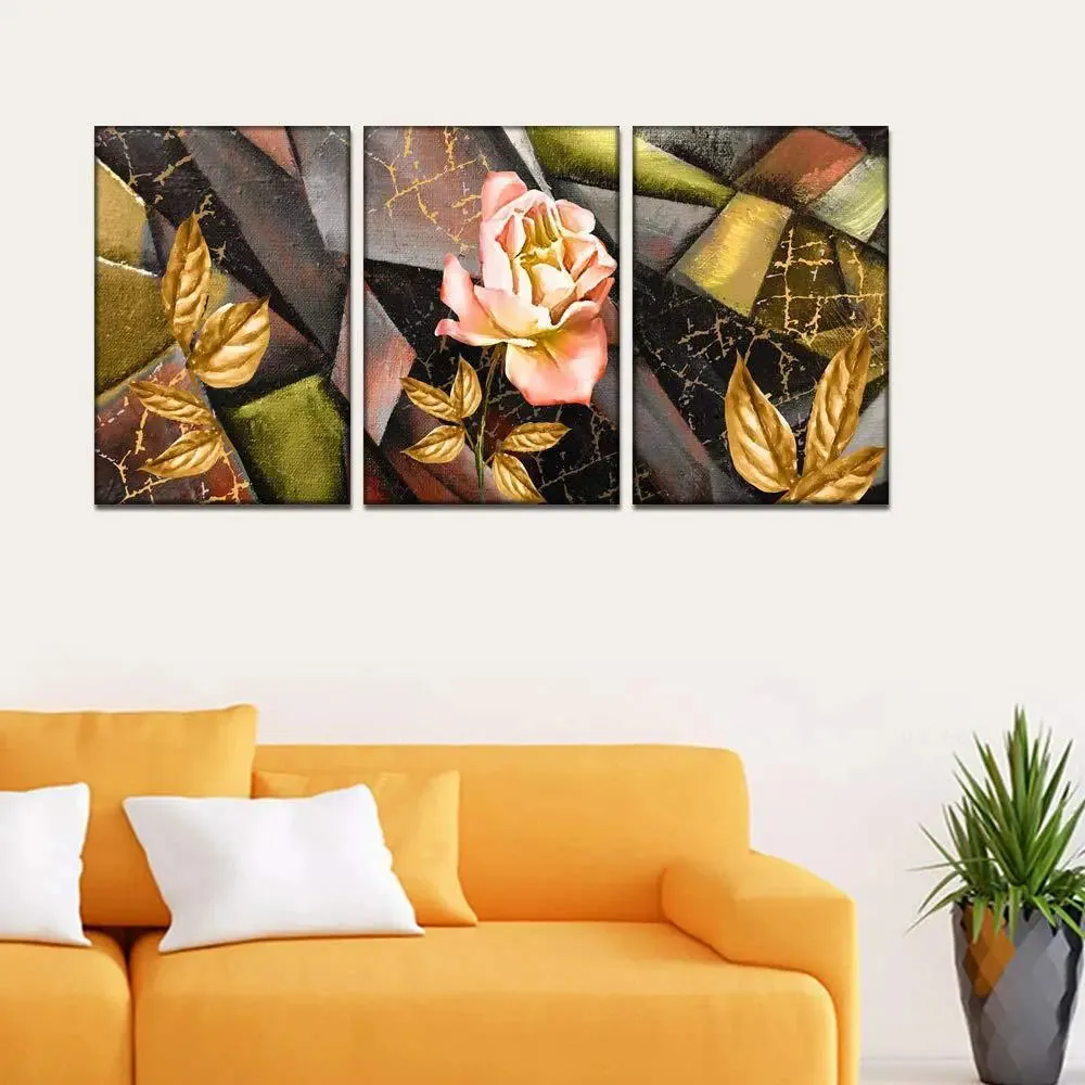 Abstract Rose Floral 3 Pieces  Abstract Design Canvas Printed Painting MDF Panels