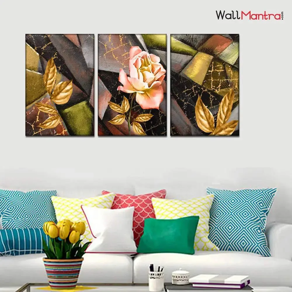 Abstract Rose Floral 3 Pieces  Abstract Design Canvas Printed Painting MDF Panels