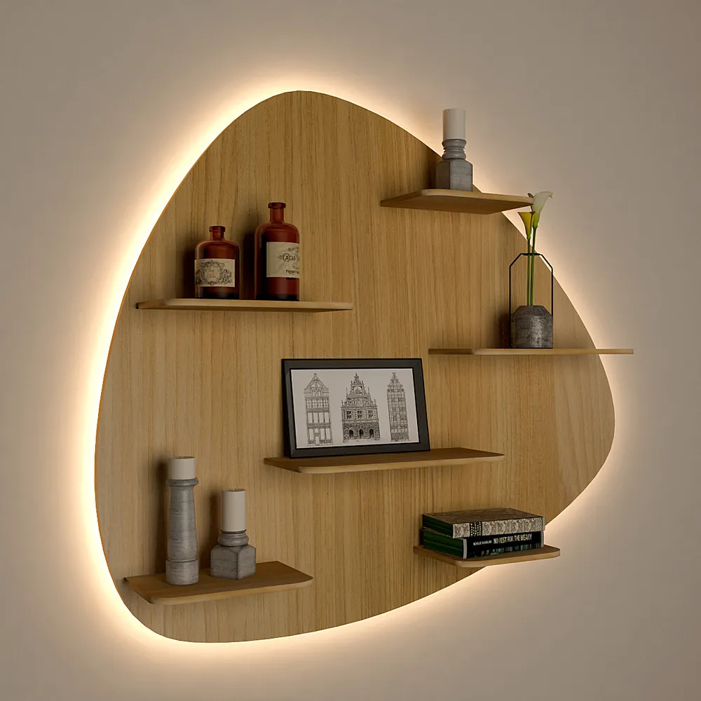 Abstract Shape Backlit Wood Wall Shelf / Book Shelf / Night Light, Light Oak Finish Regular ( 34 inches x 30 inches )
