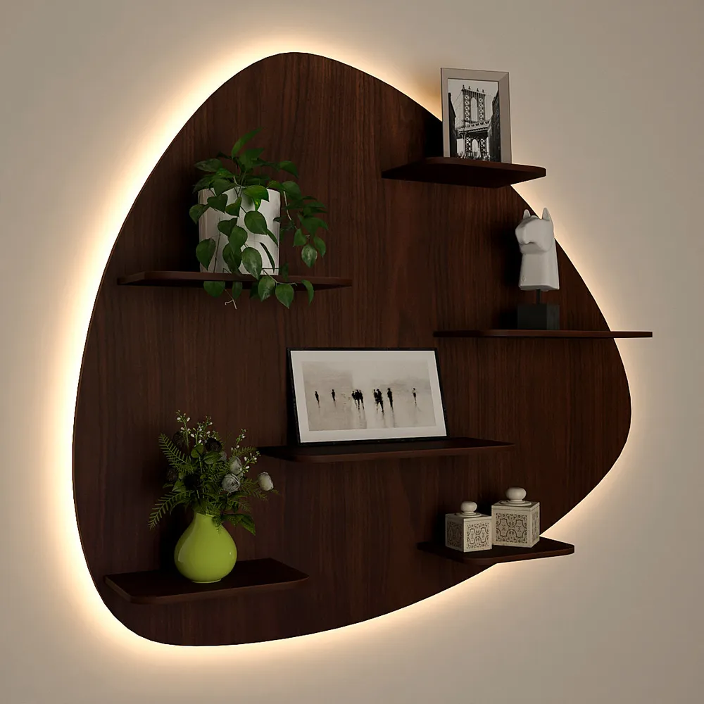 Abstract Shape Backlit Wood Wall Shelf / Book Shelf / Night Light, Walnut Finish Regular ( 34 inches x 30 inches )