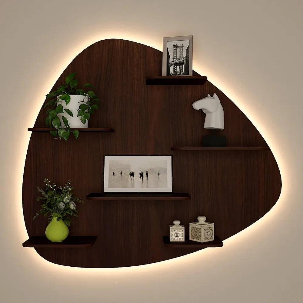 Abstract Shape Backlit Wood Wall Shelf / Book Shelf / Night Light, Walnut Finish Regular ( 34 inches x 30 inches )