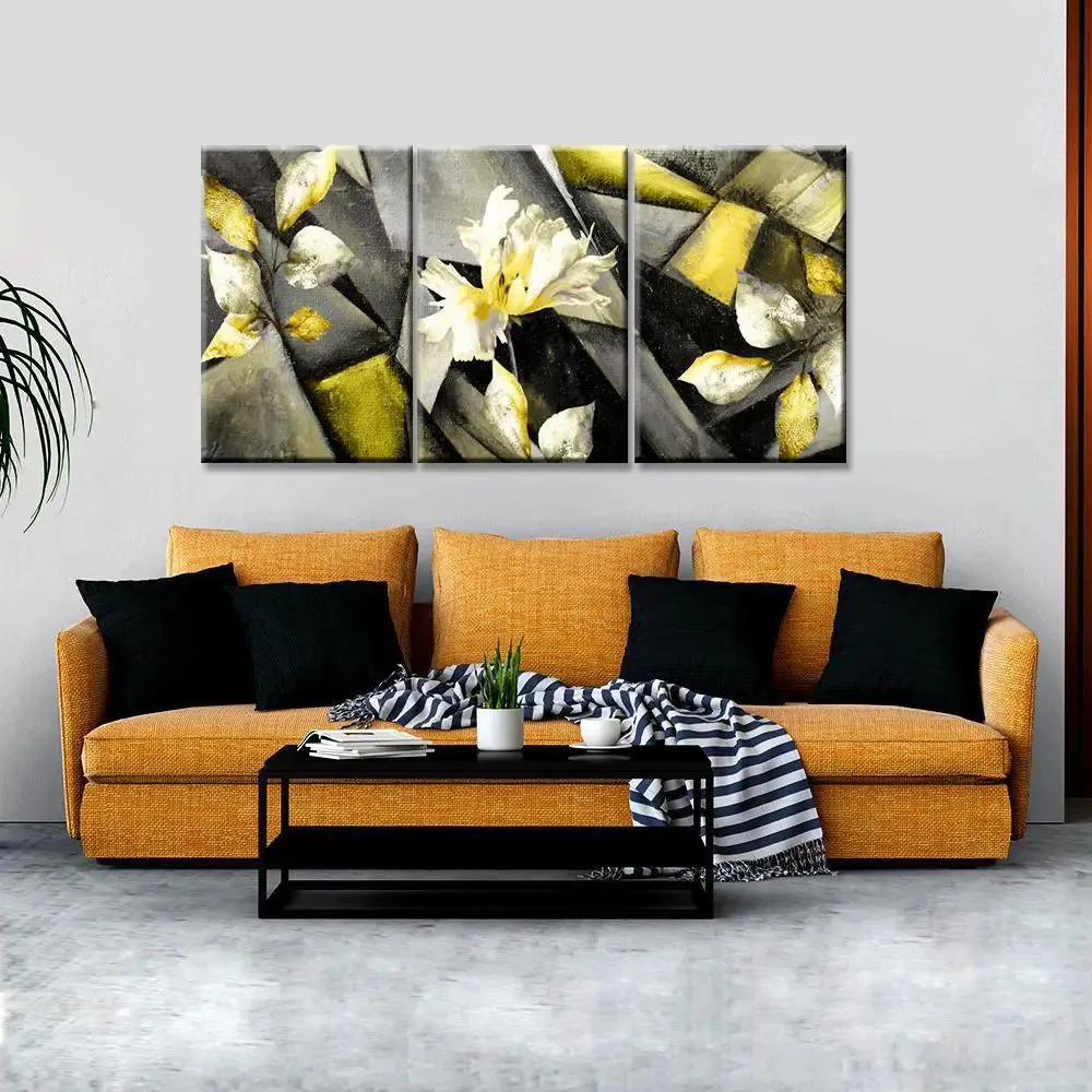 Abstract Stylized triptych with flower, leaves 3 Pieces Abstract Canvas Printed Painting MDF Panels