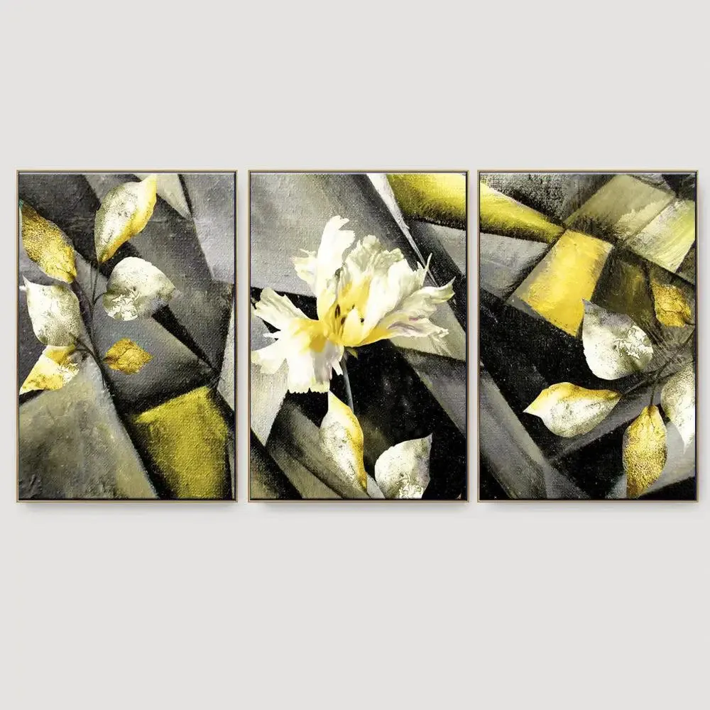 Abstract Stylized triptych with flower, leaves 3 Pieces Abstract Canvas Printed Painting MDF Panels