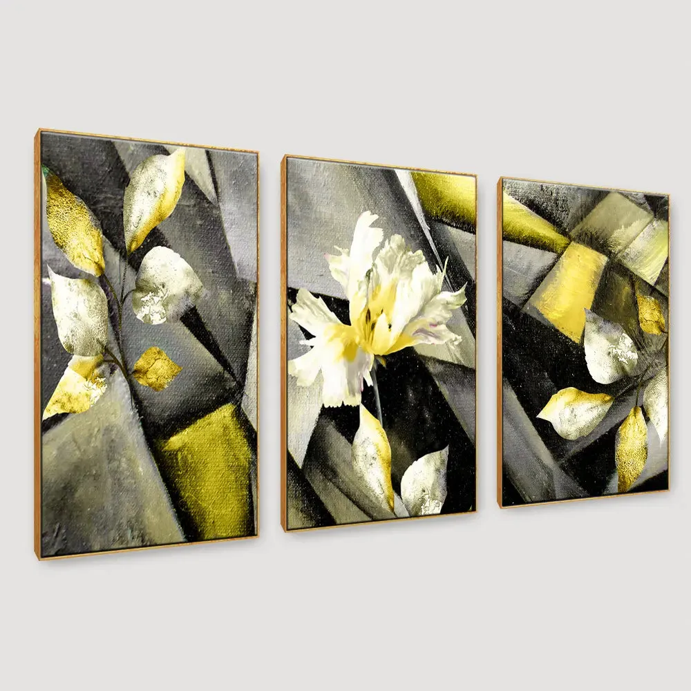 Abstract Stylized triptych with flower, leaves 3 Pieces Abstract Canvas Printed Painting MDF Panels