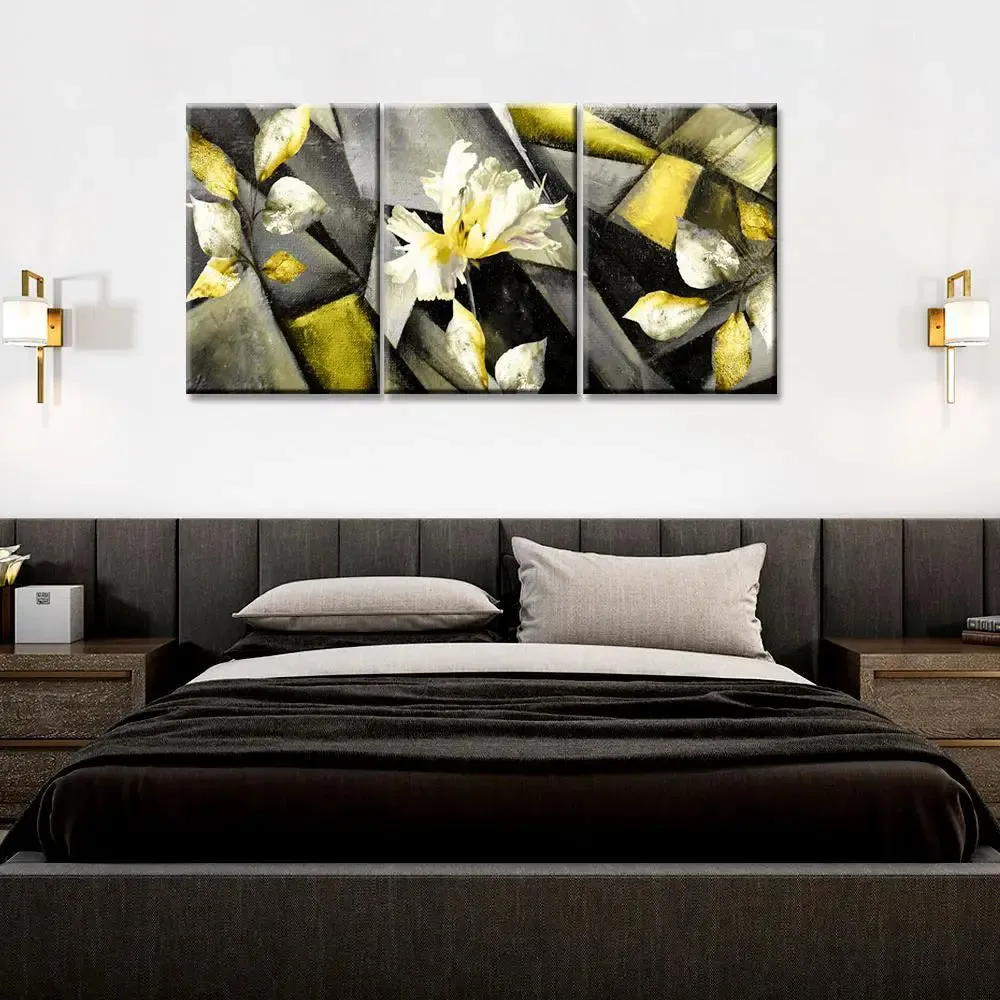Abstract Stylized triptych with flower, leaves 3 Pieces Abstract Canvas Printed Painting MDF Panels