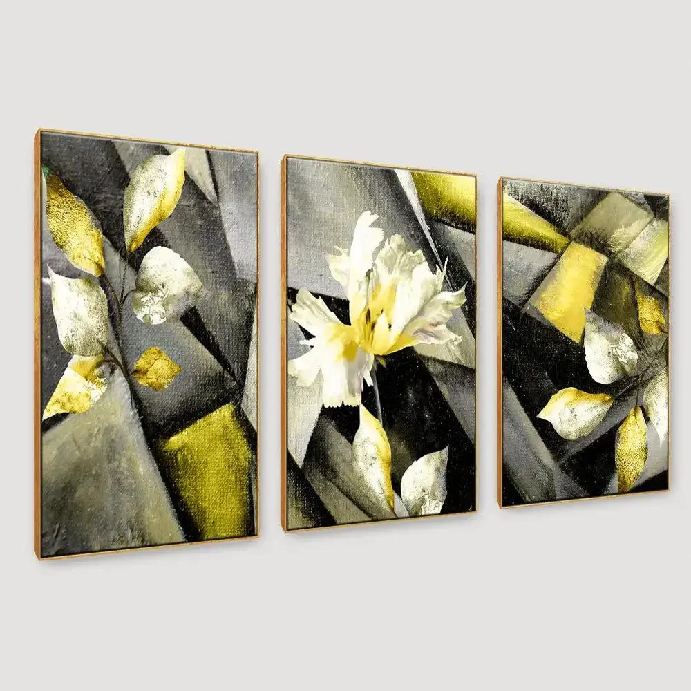 Abstract Stylized triptych with flower, leaves 3 Pieces Abstract Canvas Printed Painting MDF Panels
