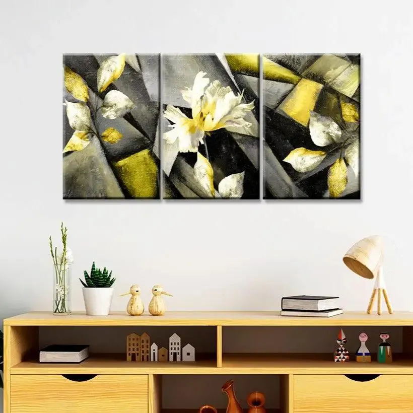 Abstract Stylized triptych with flower, leaves 3 Pieces Abstract Design Canvas Printed Painting MDF Panels