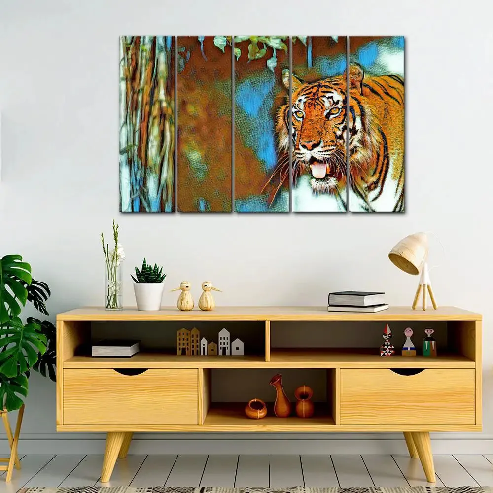 Abstract Tiger Canvas Wall Painting with 5 Panels Framed