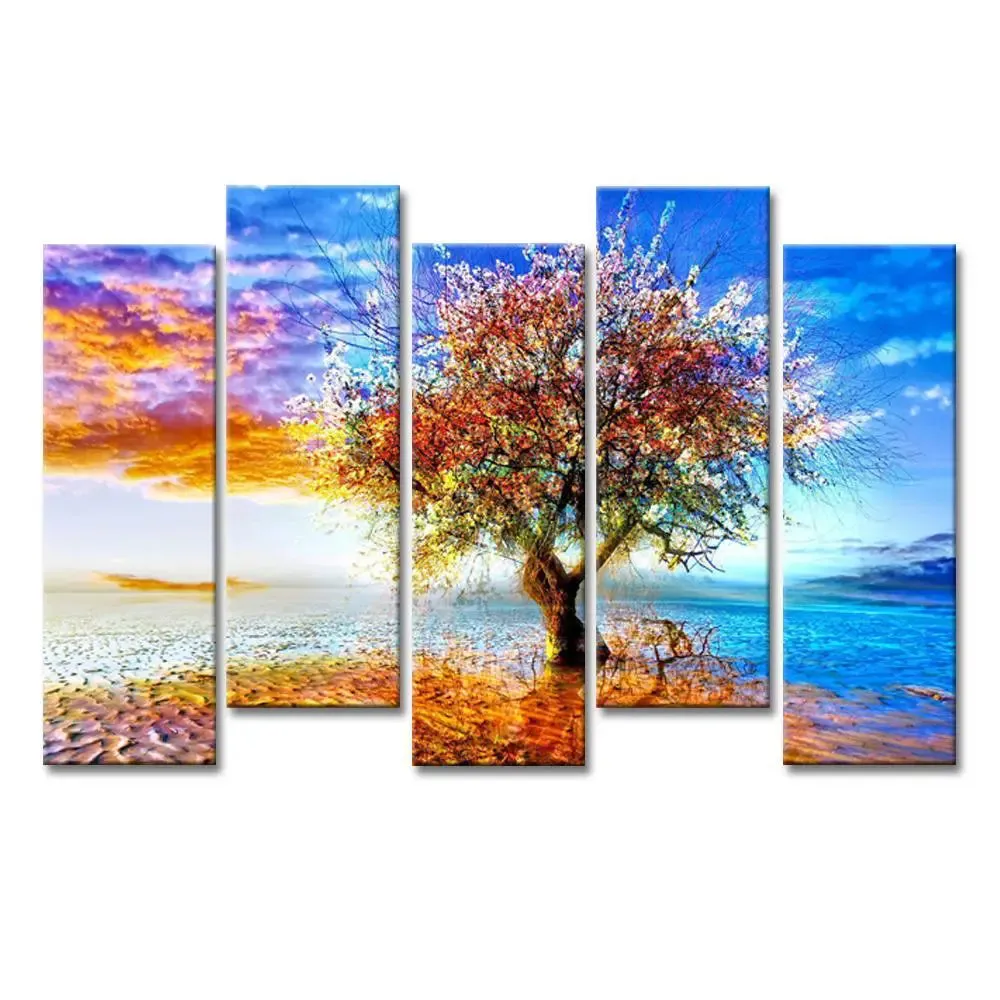Abstract Tree Canvas Wall Painting In 5 Pieces Wooden Frame