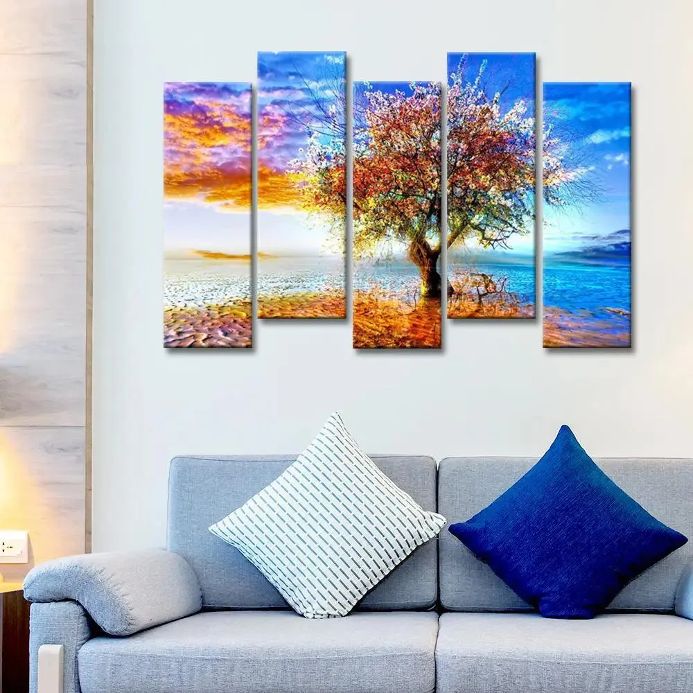Abstract Tree Canvas Wall Painting In 5 Pieces Wooden Frame