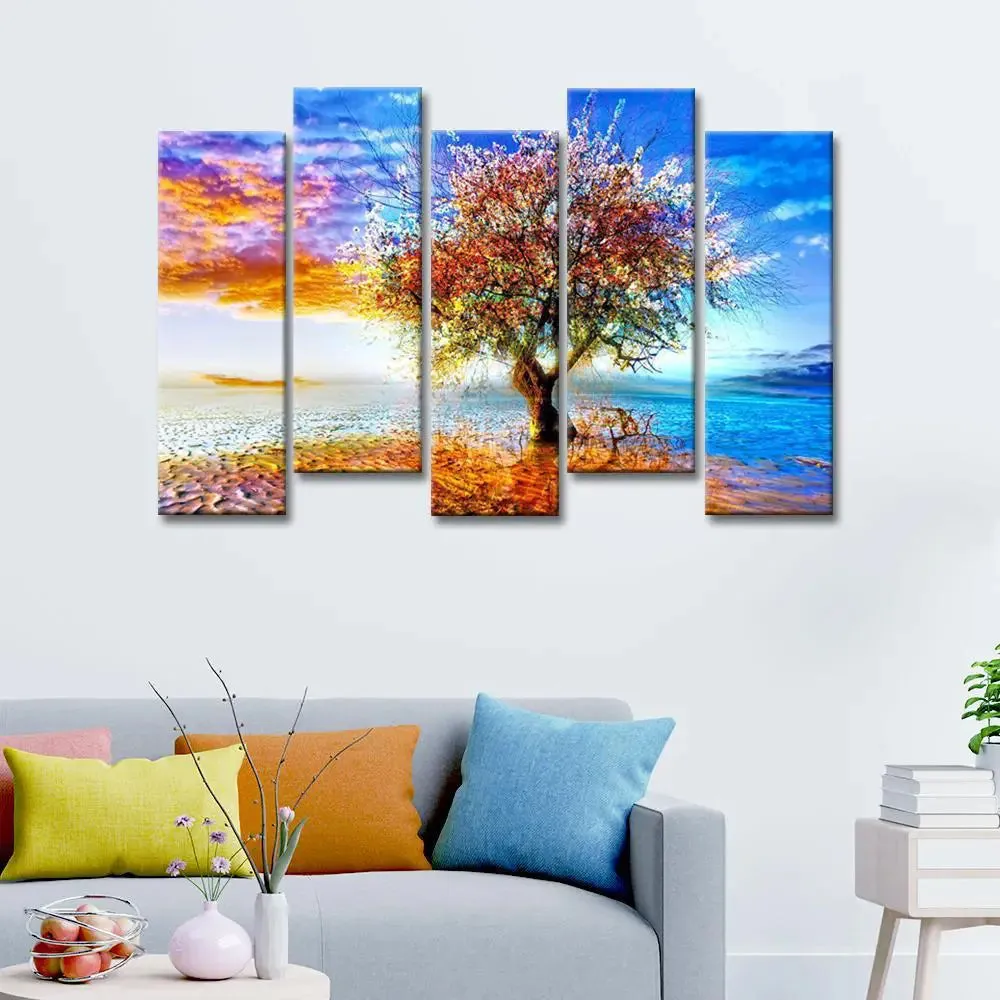 Abstract Tree Canvas Wall Painting In 5 Pieces Wooden Frame
