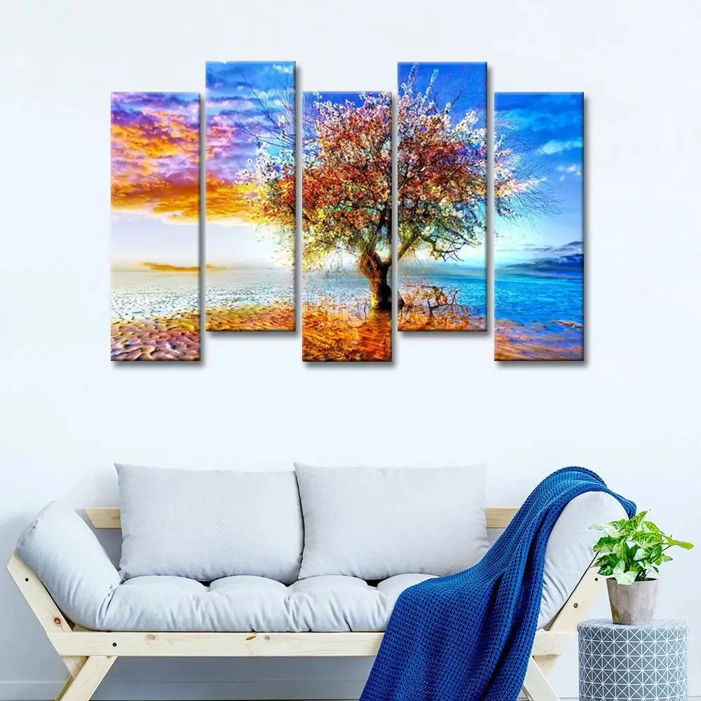 Abstract Tree Canvas Wall Painting In 5 Pieces Wooden Frame