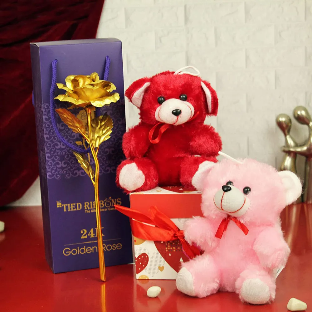 Adorable Valentine's Day Special Combo with Golden Rose & Small Teddy with Box