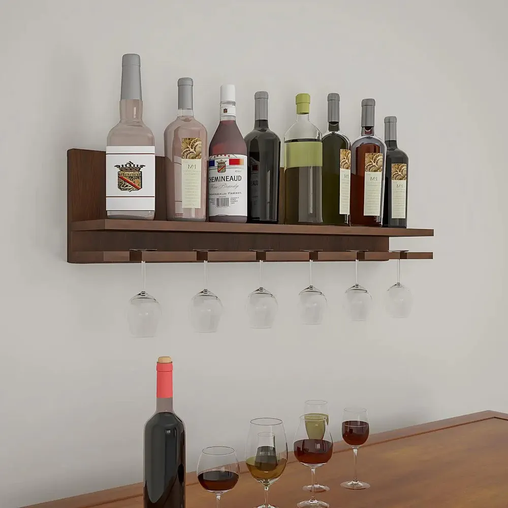 Aesthetic Backlit Wooden Bar Wall Shelf / Mini Bar Cabinet (Walnut Finish)