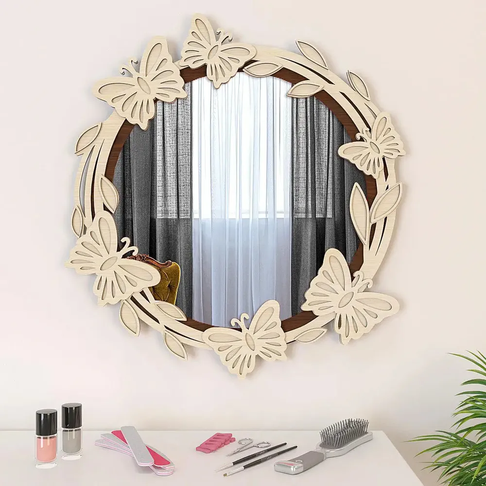 Aesthetic Bedroom Mirror / Decorative Mirror with Wooden Leaf-cut Design