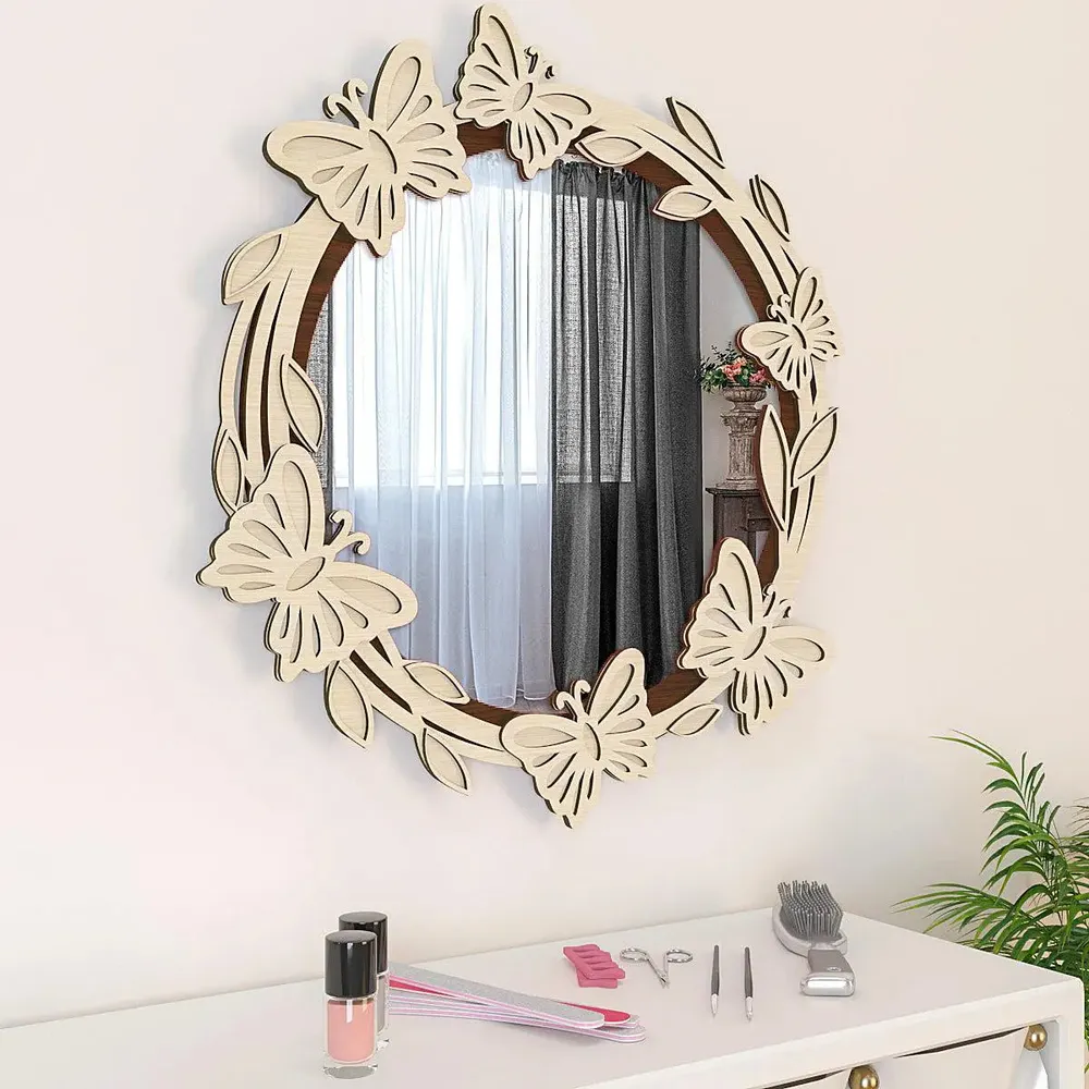 Aesthetic Bedroom Mirror / Decorative Mirror with Wooden Leaf-cut Design