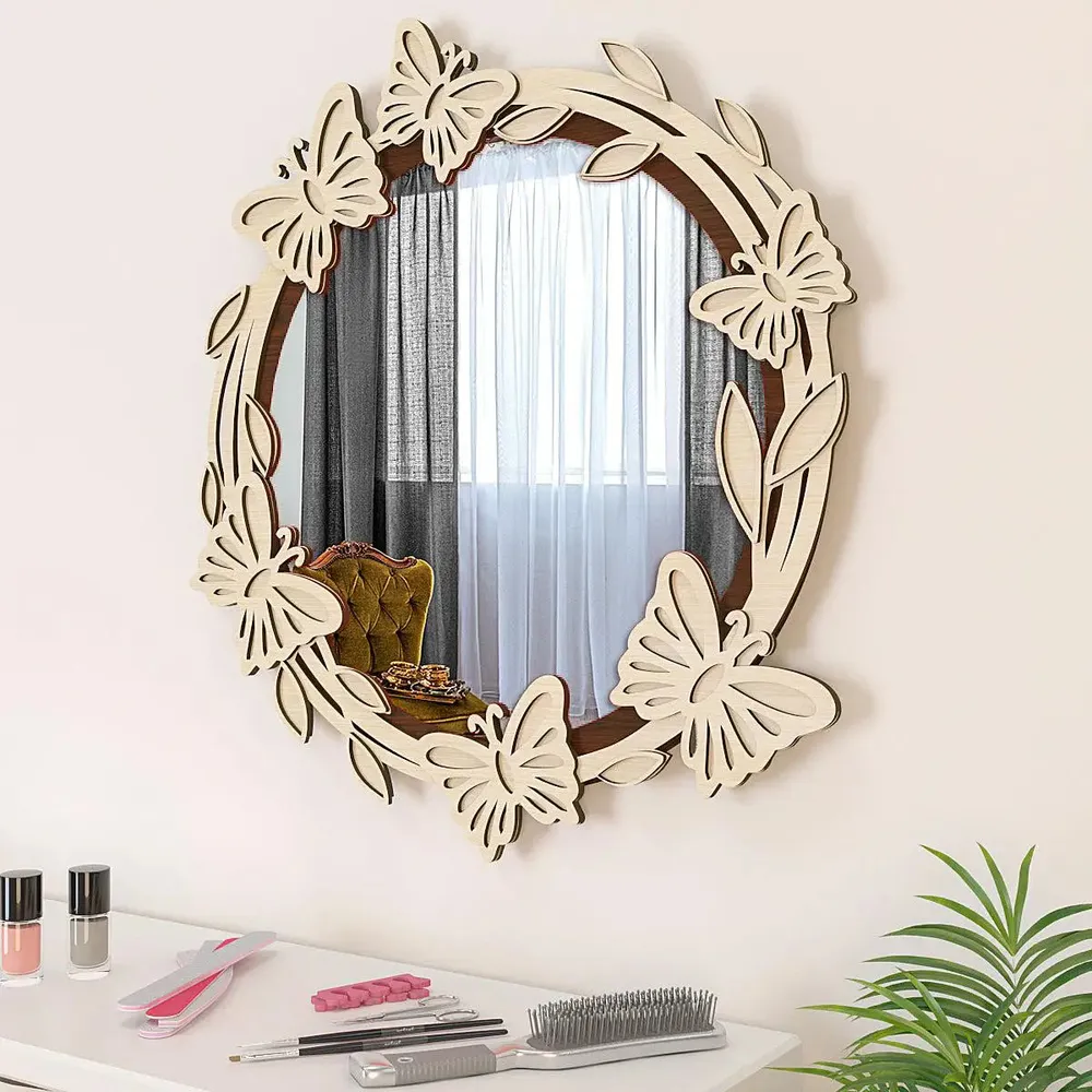 Aesthetic Bedroom Mirror / Decorative Mirror with Wooden Leaf-cut Design