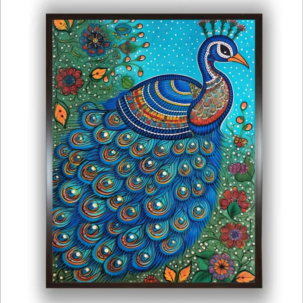 Aesthetic Blue & Green Painted Peacock Wooden Wall Art