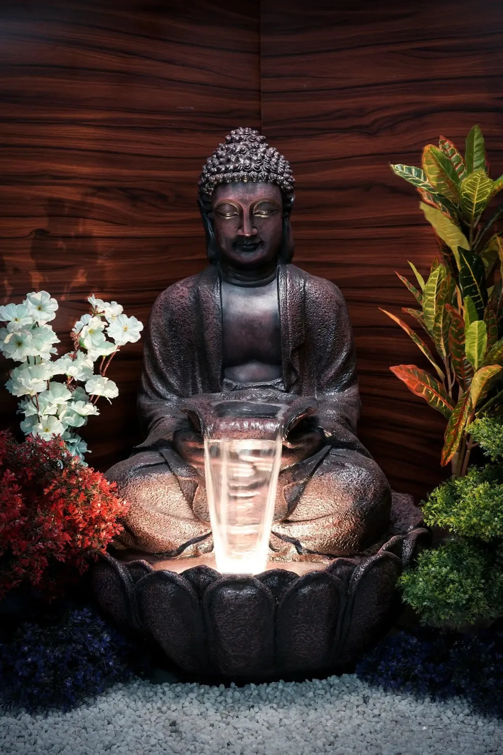 Aesthetic Brown Lotus Buddha Water Fountain for Home