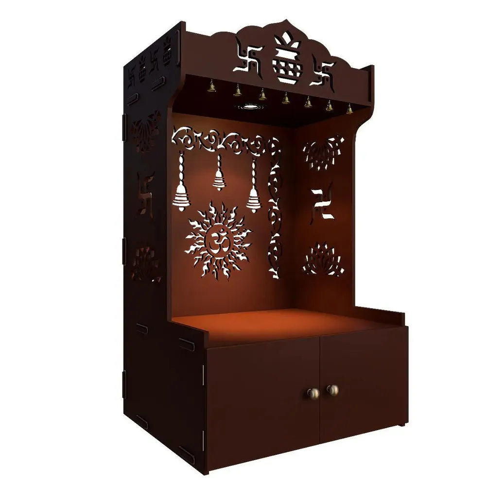 Aesthetic Brown Wooden Temple for Home with Spacious Shelf &amp; Inbuilt Focus Light