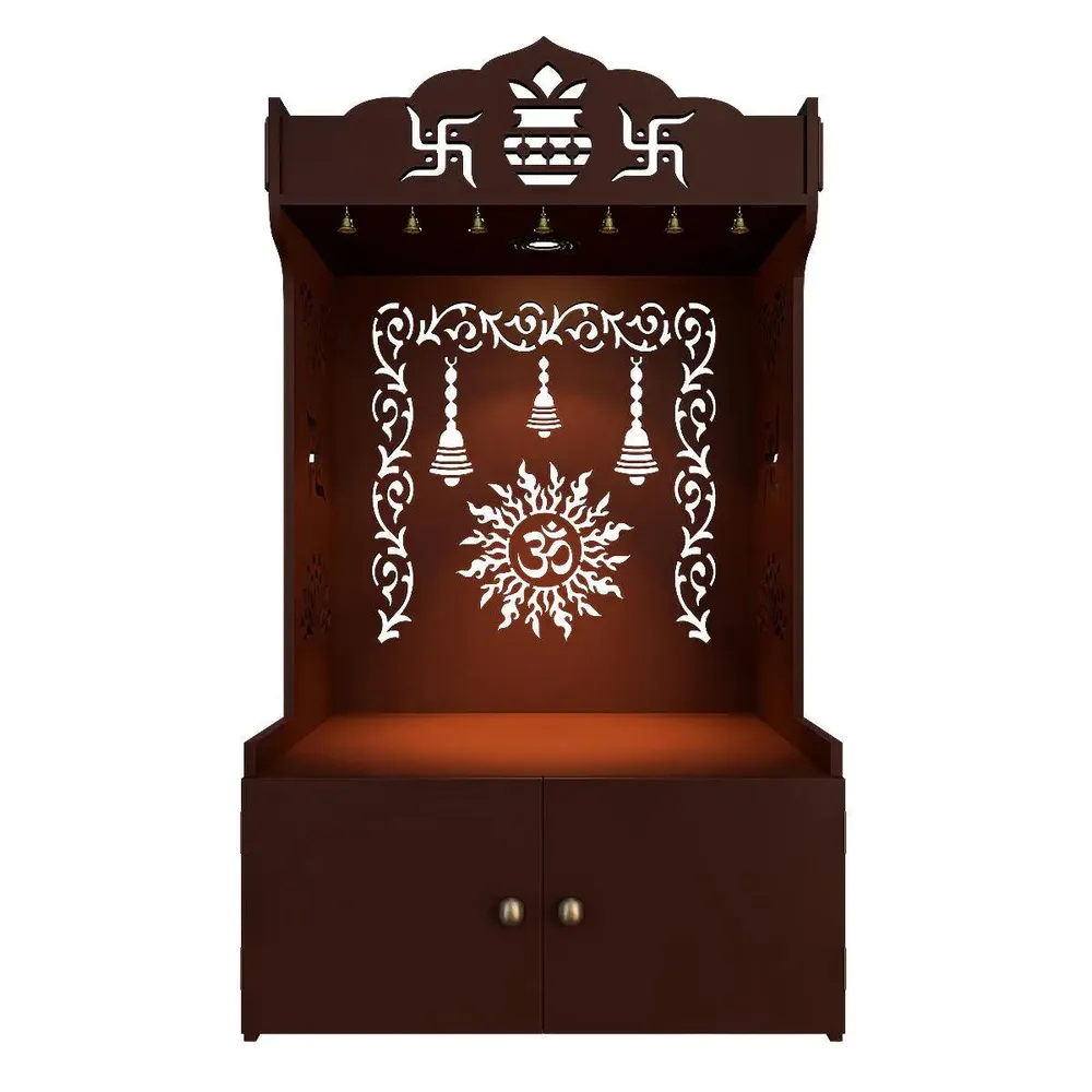 Aesthetic Brown Wooden Temple for Home with Spacious Shelf &amp; Inbuilt Focus Light