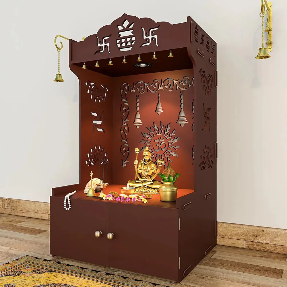 Aesthetic Brown Wooden Temple for Home with Spacious Shelf &amp; Inbuilt Focus Light