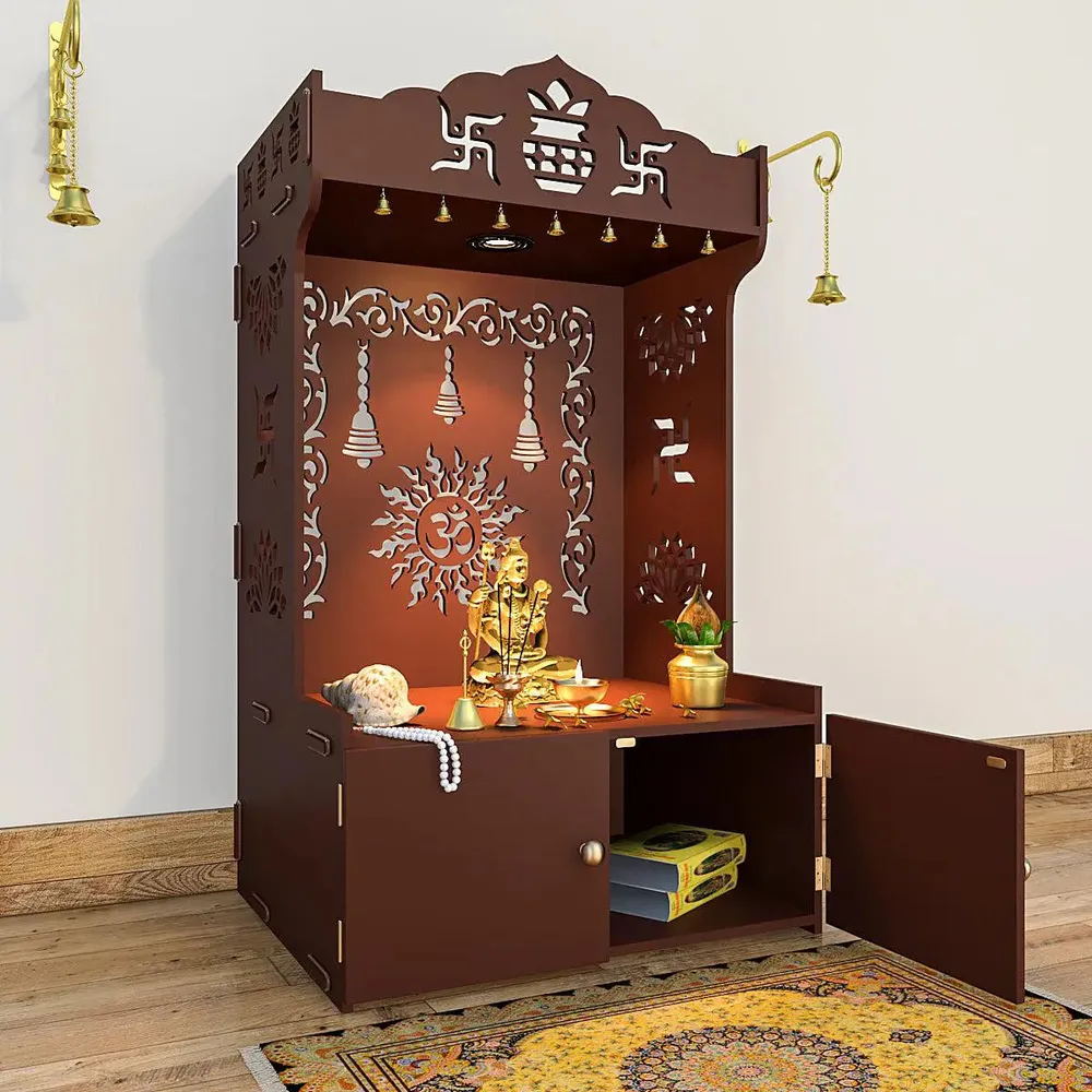 Aesthetic Brown Wooden Temple for Home with Spacious Shelf &amp; Inbuilt Focus Light