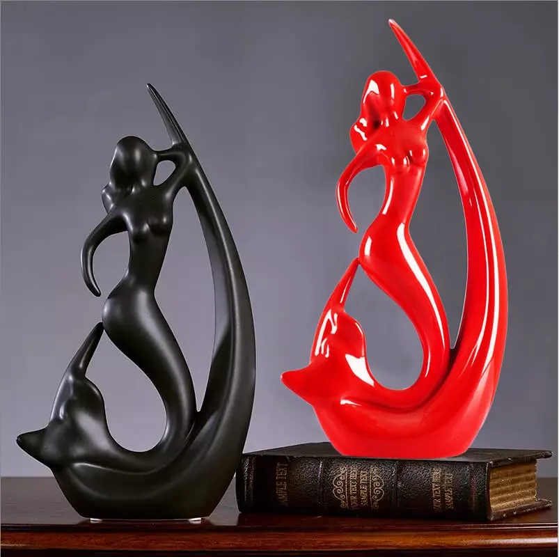 Aesthetic Ceramic Mermaid Table Accents (Pack of 2, Black & Red)