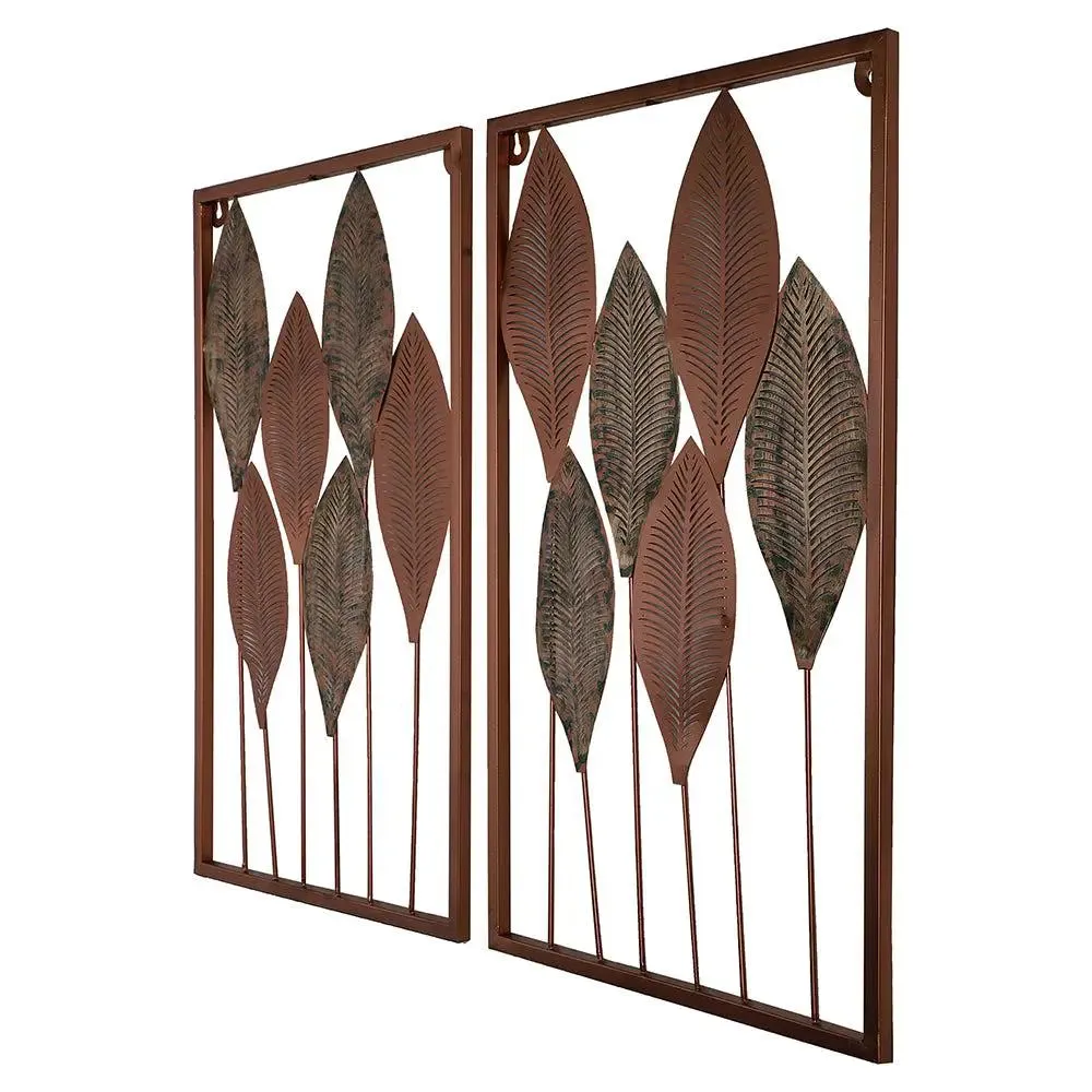 Aesthetic Etched Copper & Green Leaves Metal Wall Art Decor Set of 2
