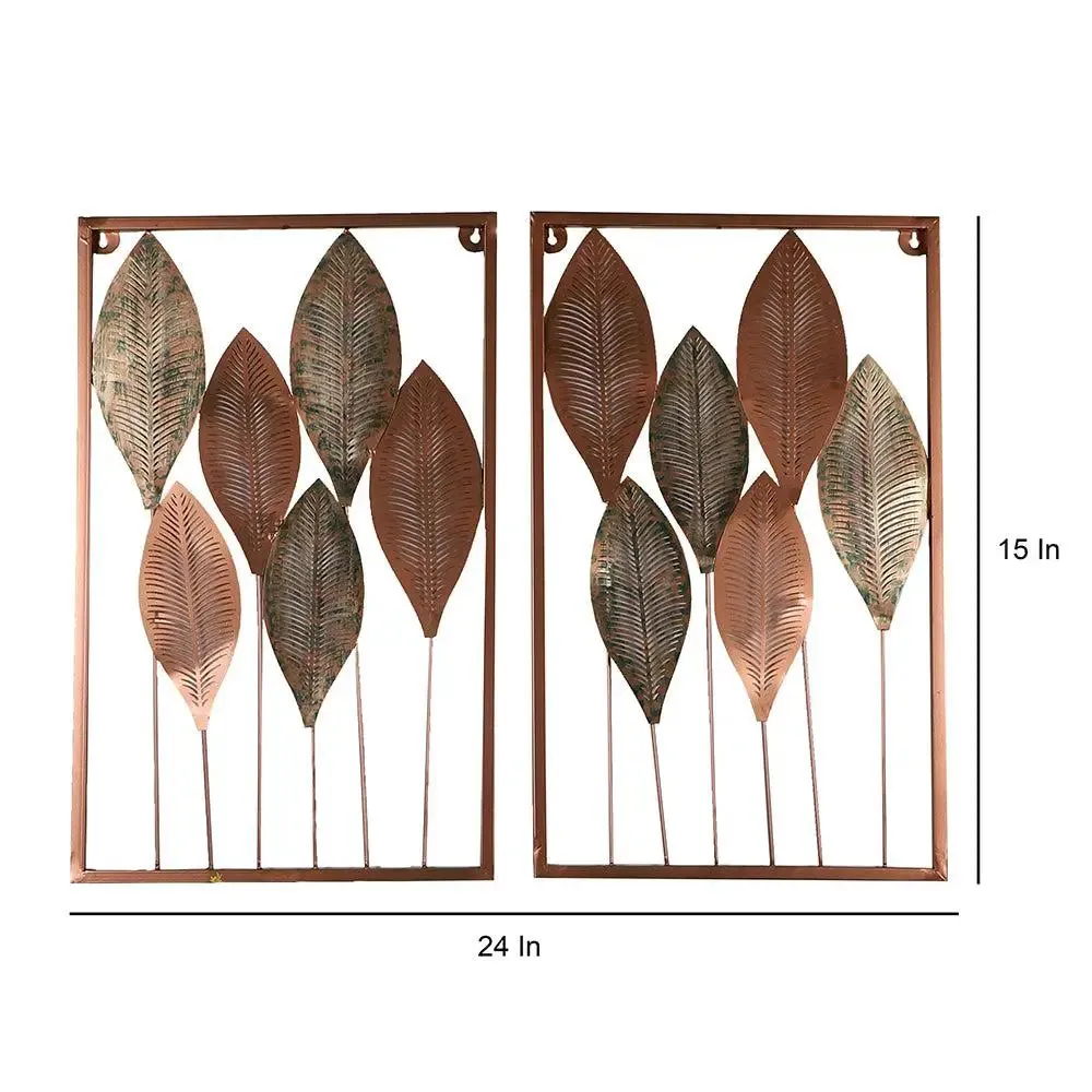 Aesthetic Etched Copper & Green Leaves Metal Wall Art Decor Set of 2