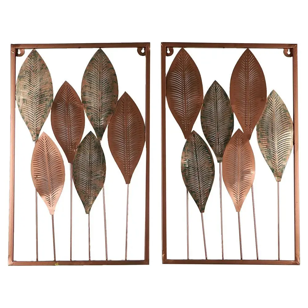 Aesthetic Etched Copper & Green Leaves Metal Wall Art Decor Set of 2