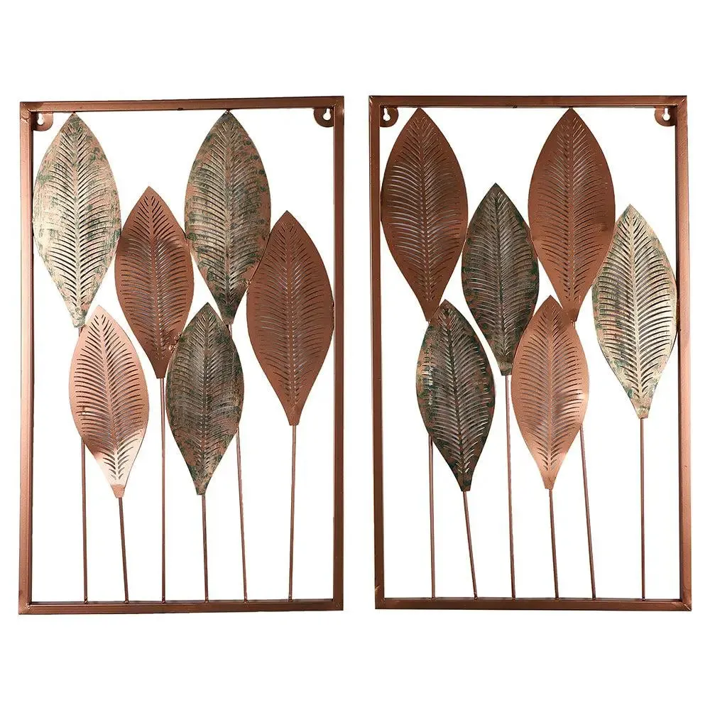 Aesthetic Etched Copper & Green Leaves Metal Wall Art Decor Set of 2