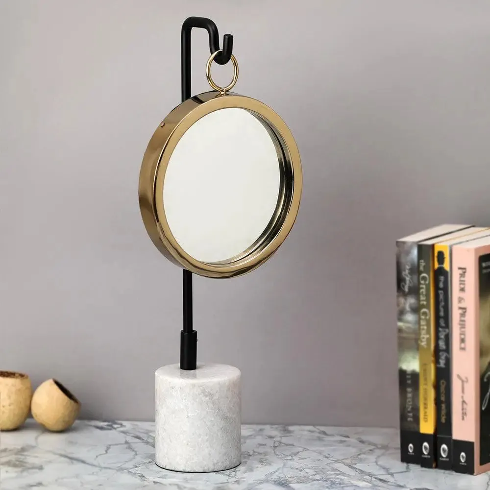 Aesthetic Golden Floating Mirror with White Marble Base