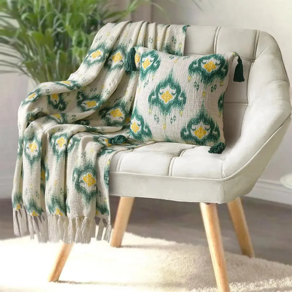 Aesthetic Green Designer Tasseled Beige Cotton Throw