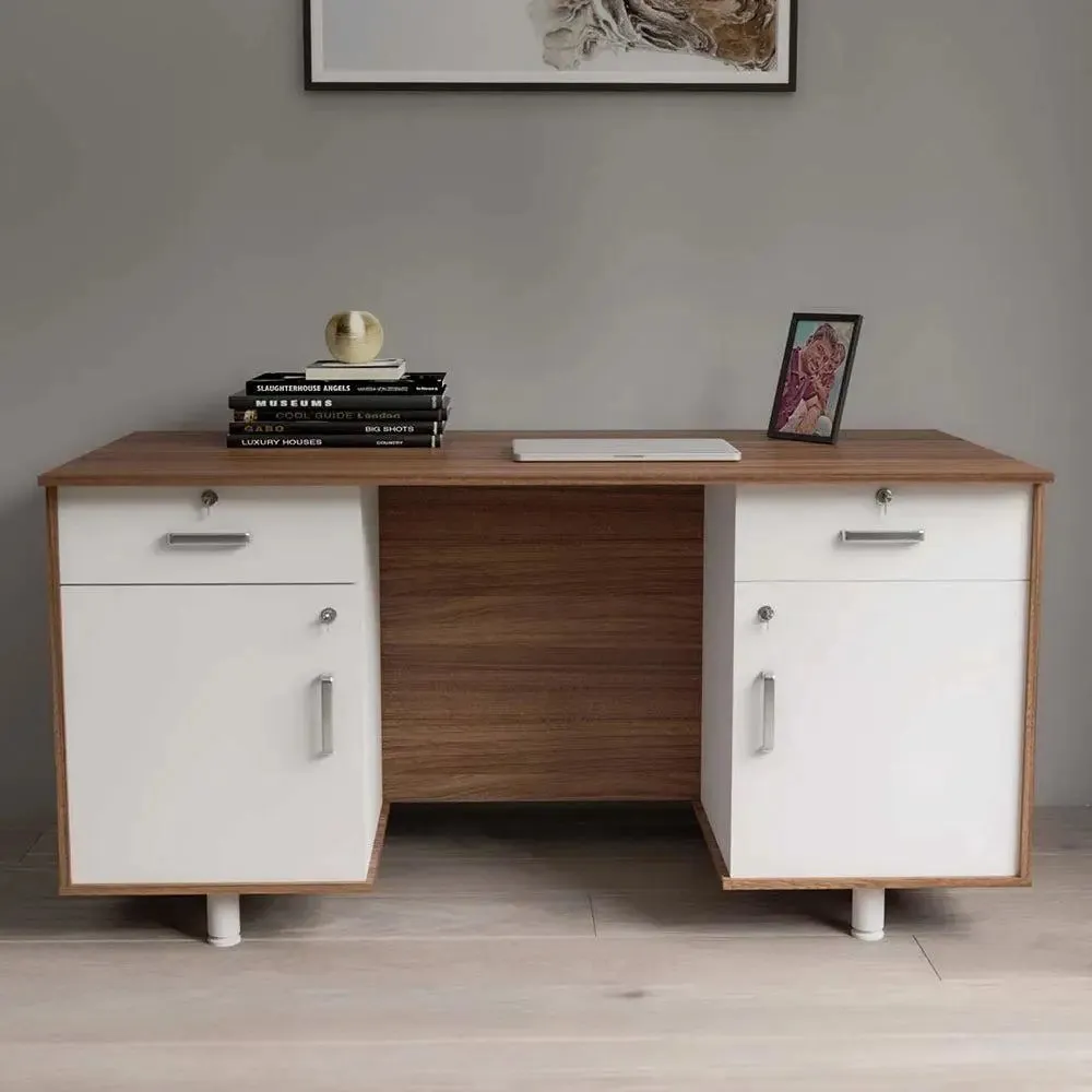 Aesthetic Matte Finish WHite &amp; Brown Wood Office Tables for Home