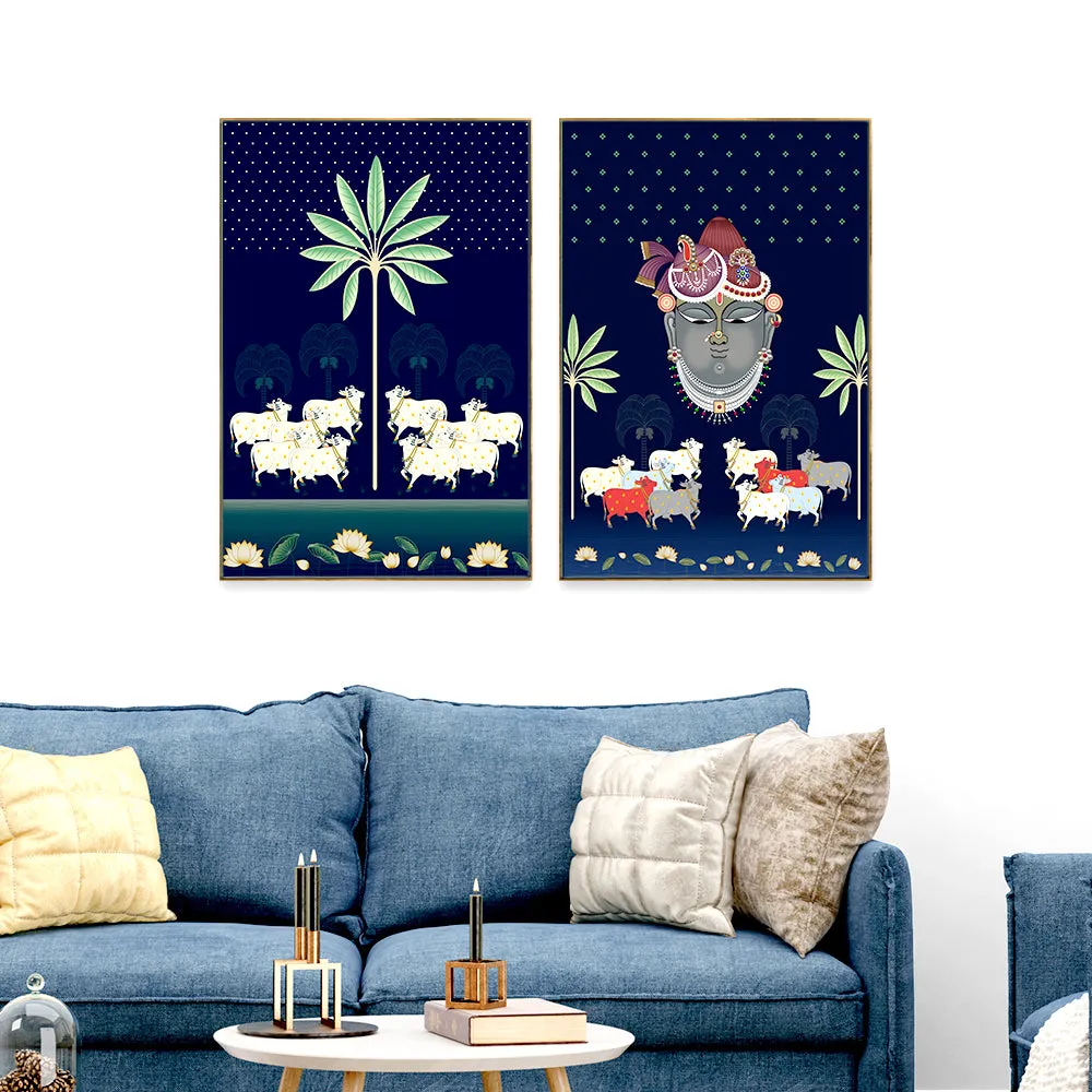 Aesthetic Pichwai Krishna Art Wall Frame Set of 3