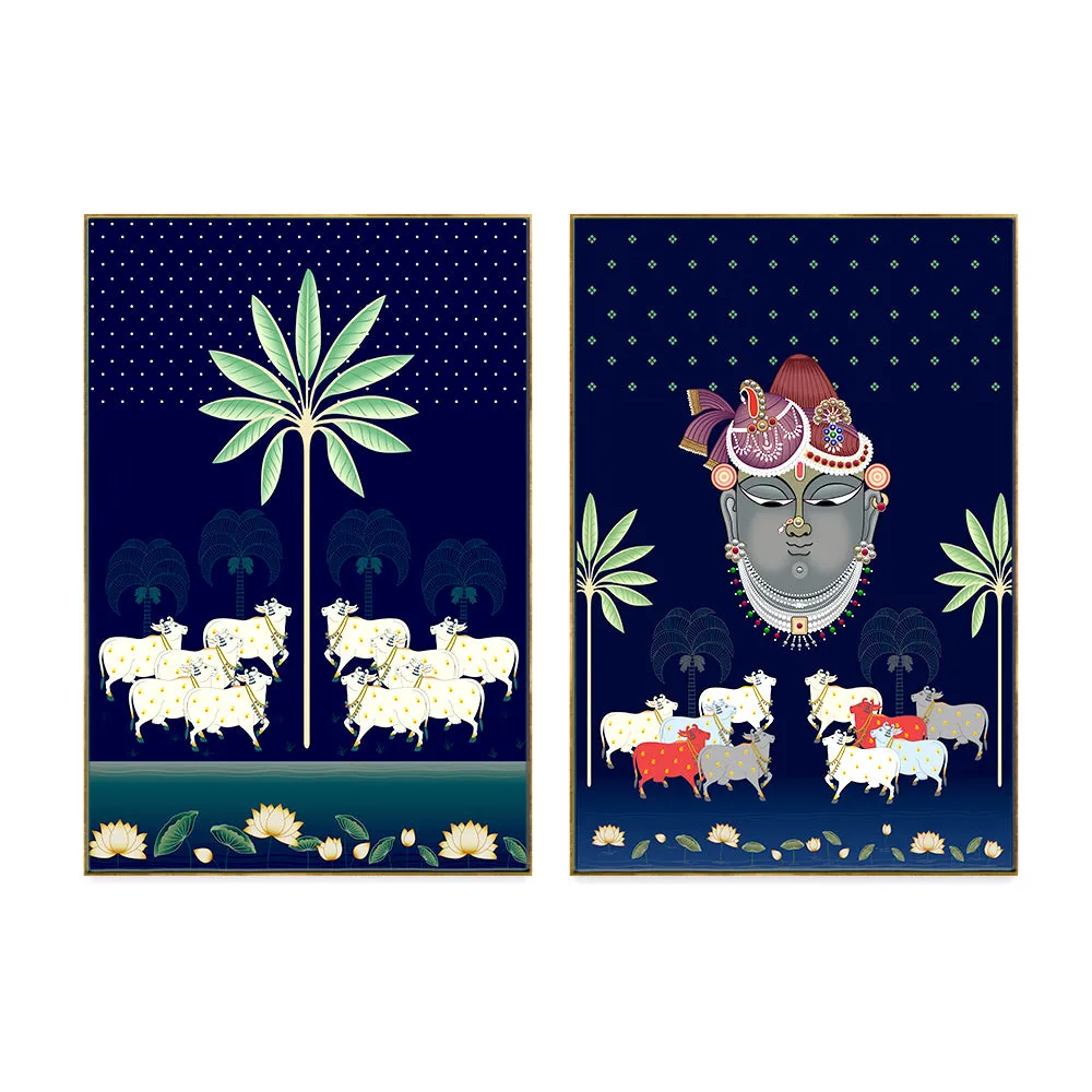 Aesthetic Pichwai Krishna Art Wall Frame Set of 3