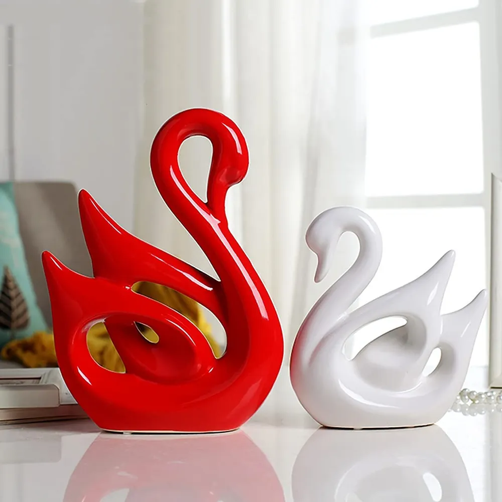 Aesthetic Swan Polyresin Table Accents for Decoration (White & Red)