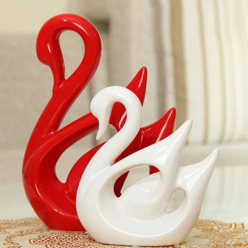 Aesthetic Swan Polyresin Table Accents for Decoration (White & Red)